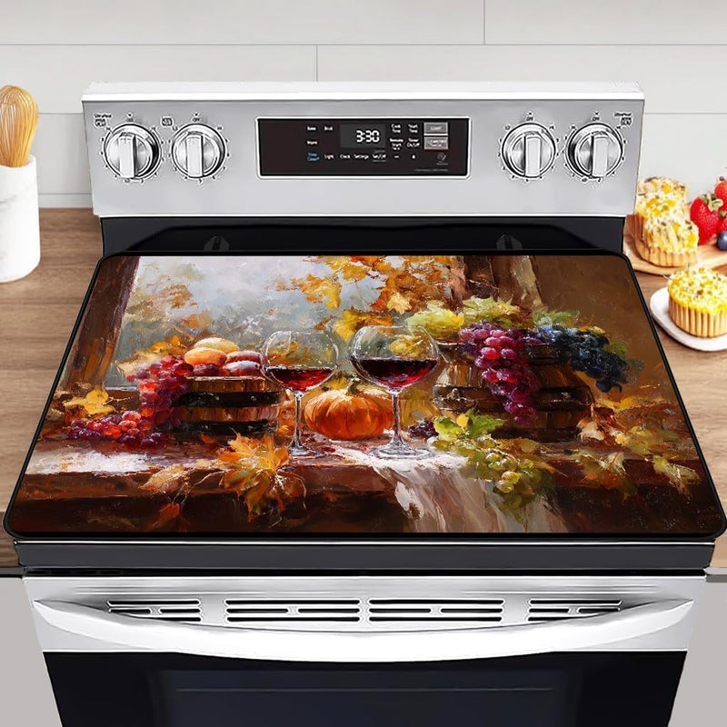 WRTCPOC Autumn Stove Top Cover for Electric Stove,The Harvest Season Glass Top Stove Cover Protector,Red Wine Glasses Glass Cooktop Covers Pumpkins Kitchen Flat Electric Stove Top Covers - Image 1